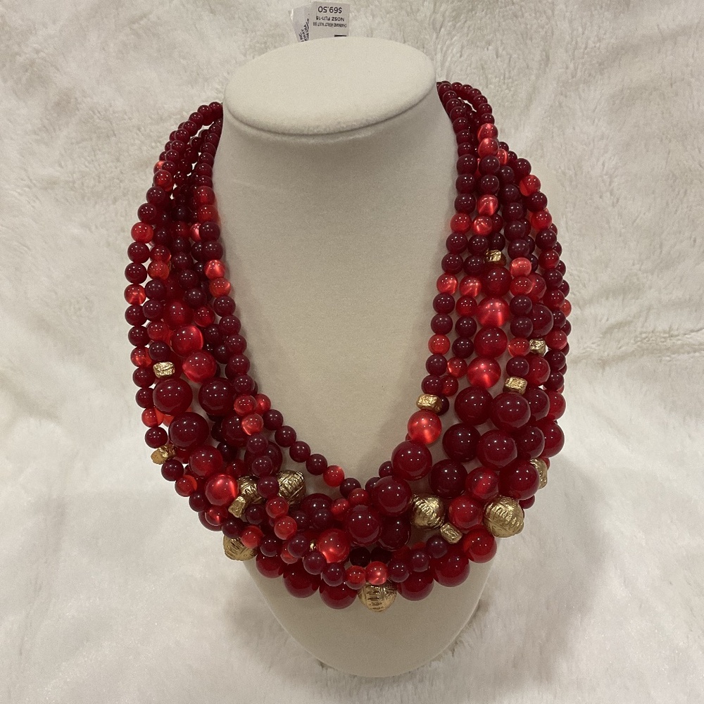 Chico’s Multi-Strand Cranberry and Gold Beaded Necklace